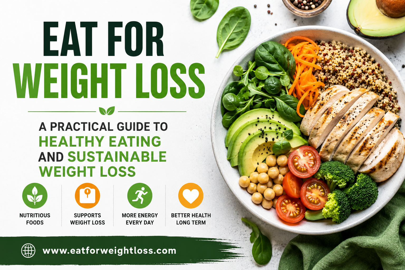 Healthy foods for weight loss including vegetables, fruits, protein foods, legumes, whole grains, nuts, and seeds